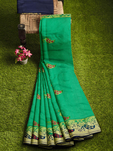 

KLM Fashion Mall Green & Blue Ethnic Motifs Zari Silk Blend Banarasi Saree