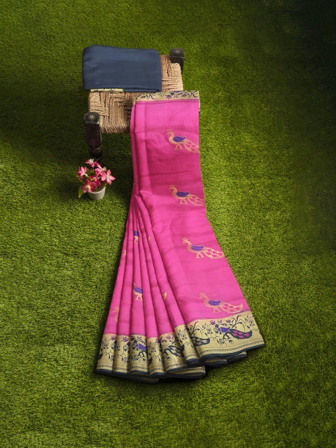 

KLM Fashion Mall Pink & Navy Blue Ethnic Motifs Zari Silk Blend Banarasi Saree
