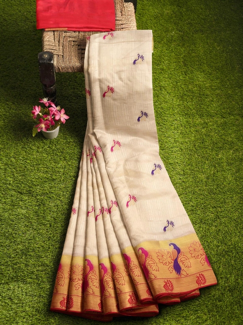 

KLM Fashion Mall Cream-Coloured & Pink Ethnic Motifs Zari Silk Blend Banarasi Saree