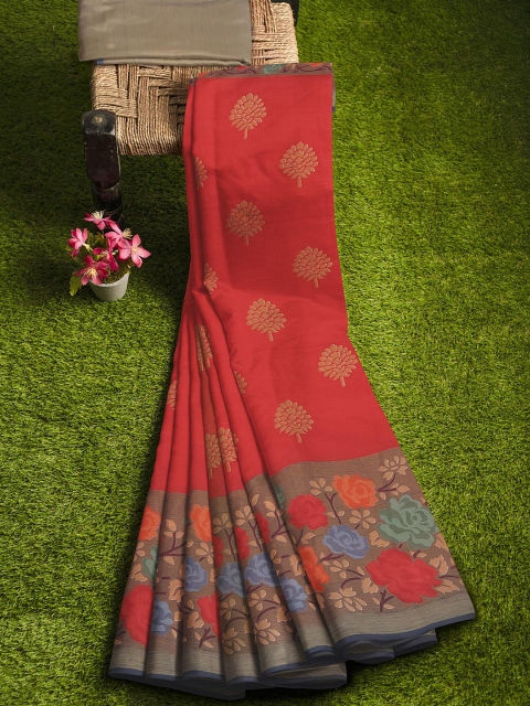 

KLM Fashion Mall Red & Grey Floral Silk Blend Saree
