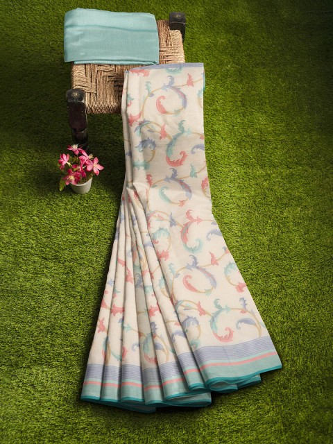 

KLM Fashion Mall Cream-Coloured & Sea Green Floral Silk Blend Saree