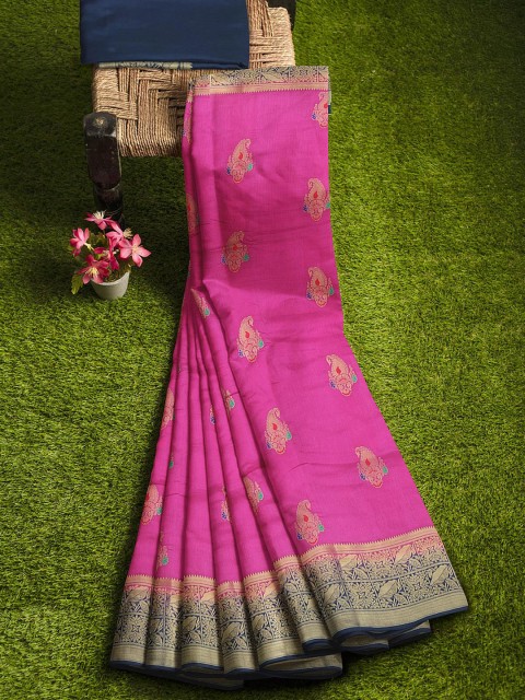 

KLM Fashion Mall Pink & Navy Blue Ethnic Motifs Zari Silk Blend Banarasi Saree