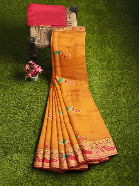 

KLM Fashion Mall Mustard Yellow & Red Ethnic Motifs Zari Silk Blend Banarasi Saree