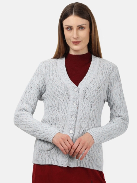 

Monte Carlo Women Blue Open Knit Self Design Wool Cardigan With Button Detailing