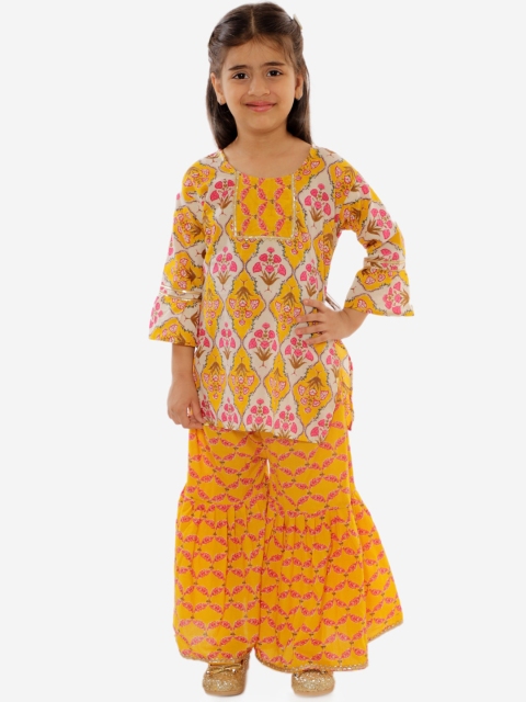 

YK Girls Yellow Floral Printed Regular Pure Cotton Kurti with Sharara