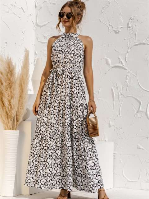 

URBANIC Black & White Floral Printed Tiered Halter Neck Maxi Dress with Belt