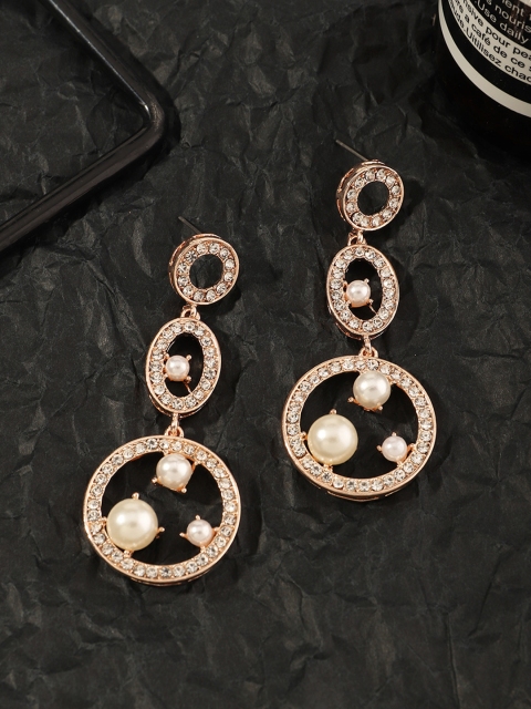 

URBANIC Gold-Toned Stone Studded & Beaded Circular Drop Earrings