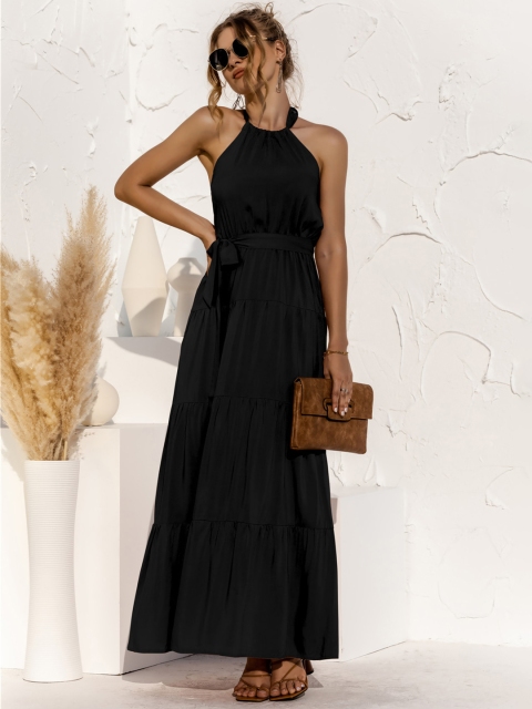 

URBANIC Black Halter Neck A-Line Maxi Dress