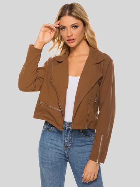 

URBANIC Women Olive Brown Solid Asymmetric Closure Biker Jacket