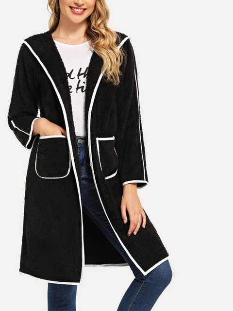 

URBANIC Women Black Faux Fur Solid Hooded Overcoat