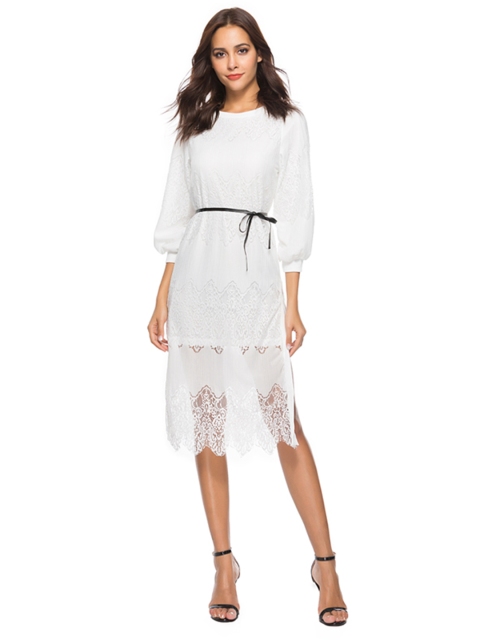 

URBANIC White Layered Lace Patterned A-Line Dress with Tie-Up Belt