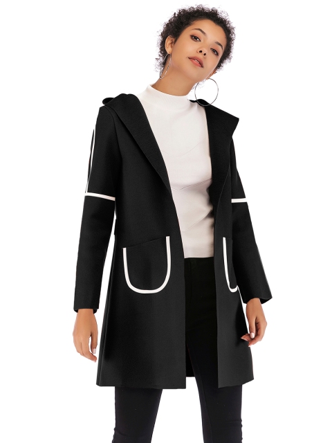 

URBANIC Black Solid Hooded Wool Finish Front Open Longline Coat