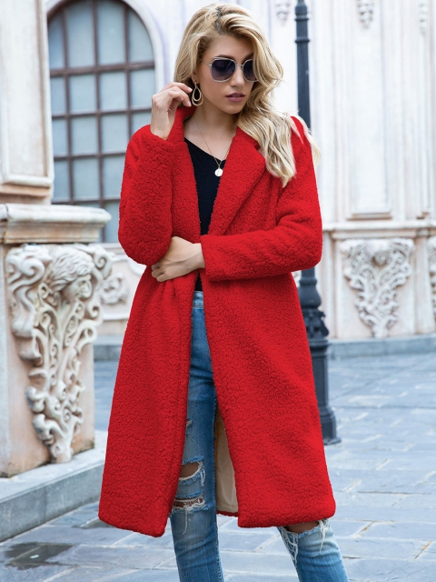 

URBANIC Red Solid Knee Length Front Open Sherpa Overcoat
