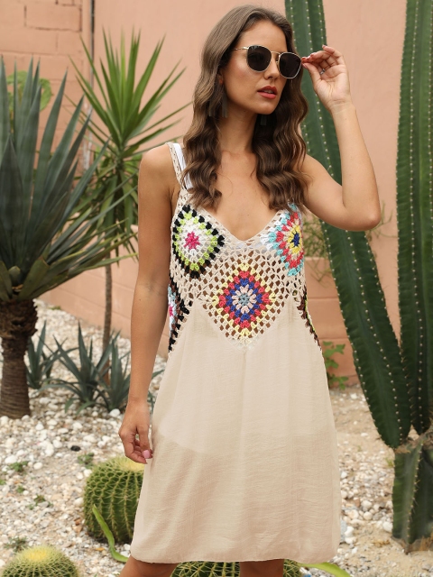

URBANIC Off-White & Blue Open Knit Crochet Work Beach Cover-Up Dress