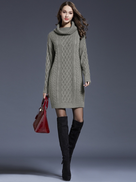

URBANIC Grey Cable Knit Cowl Neck Sweater Dress