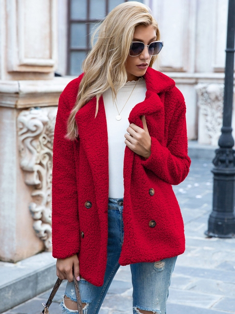 

URBANIC Women Red Sherpa Overcoat