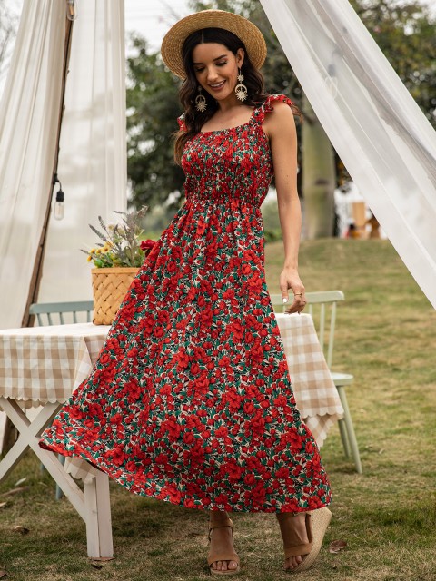

URBANIC Red & Green Floral Print Maxi Dress