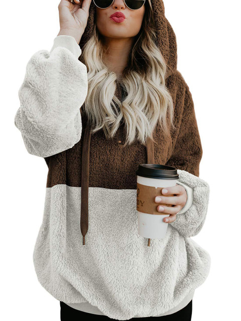 

URBANIC Women Brown & White Colourblocked Sherpa Hooded Sweatshirt