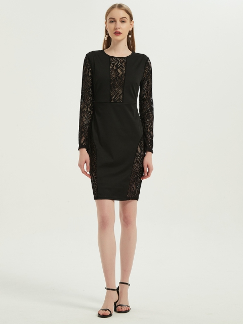 

URBANIC Black Semi-Sheer Floral Lace Sheath Dress