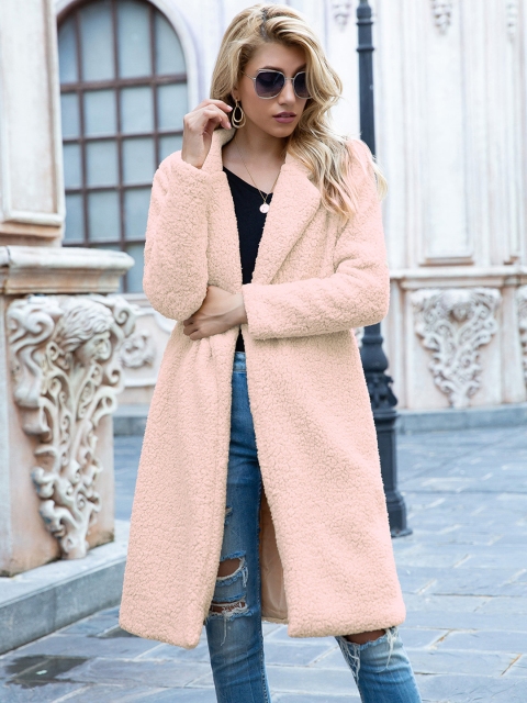 

URBANIC Pink Solid Faux Fur Detailed Overcoat