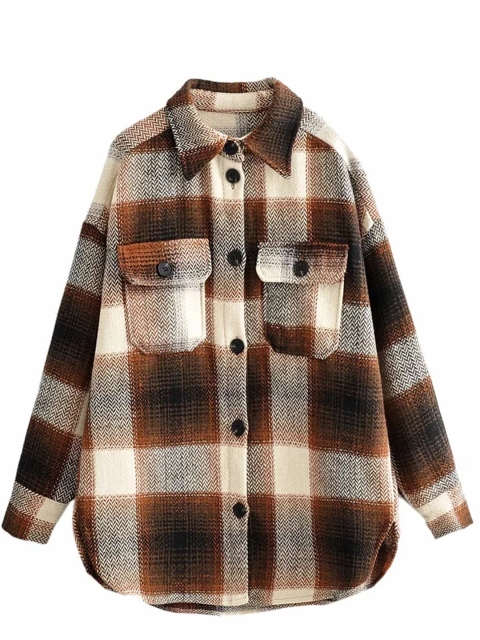 

URBANIC Women Brown & Off-White Checked Longline Shacket
