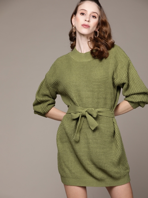 

URBANIC Olive Green Self-Design Sweater Dress