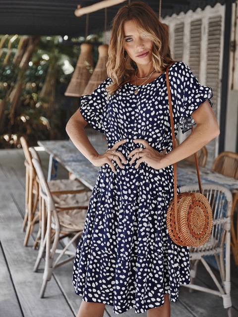

URBANIC Women Navy Blue & White Abstract Print Tiered A-Line Dress