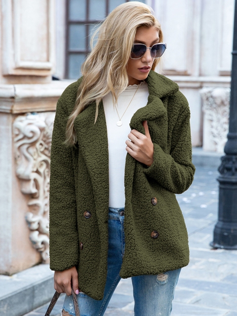 

URBANIC Women Green Solid Hip Length Sherpa Overcoat