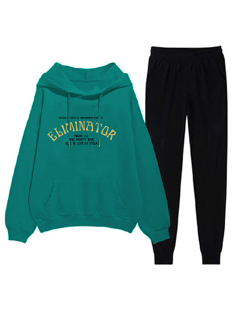 

URBANIC Green & Black Typographic Print Kangaroo Pocket Two-Piece Set