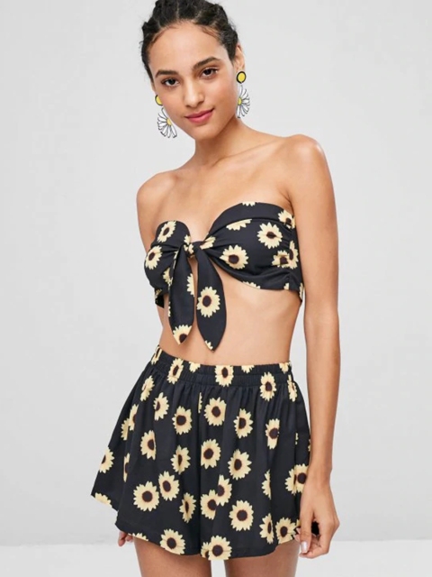 

URBANIC Black & Yellow Floral Print Two-Piece Set with Tie-up Detail