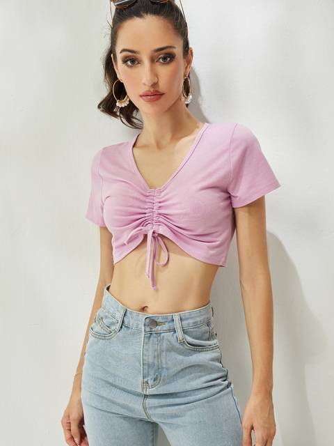 

URBANIC Women Lavender Solid Ruched Crop Top with Tie-Ups