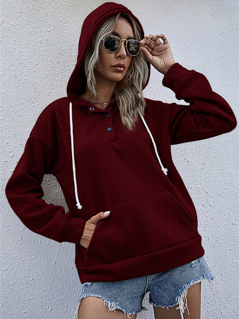

URBANIC Women Burgundy Solid Relaxed Fit Hooded Sweatshirt