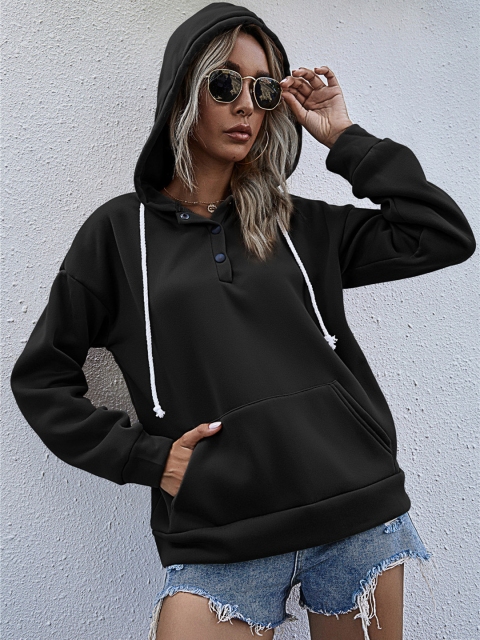 

URBANIC Women Black Solid Relaxed Fit Hooded Sweatshirt