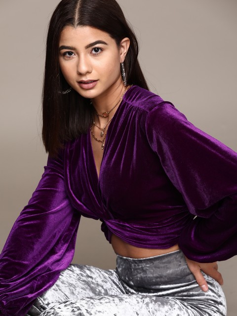 

URBANIC Purple Velvet Finish Bishop Sleeves Twisted Crop Top