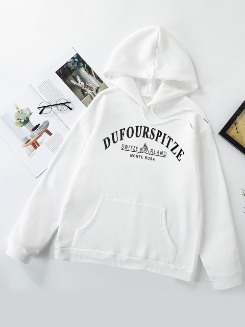 

URBANIC Women White Printed Hooded Sweatshirt