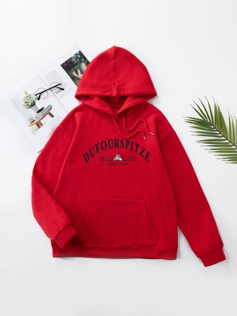 

URBANIC Women Red Printed Hooded Sweatshirt