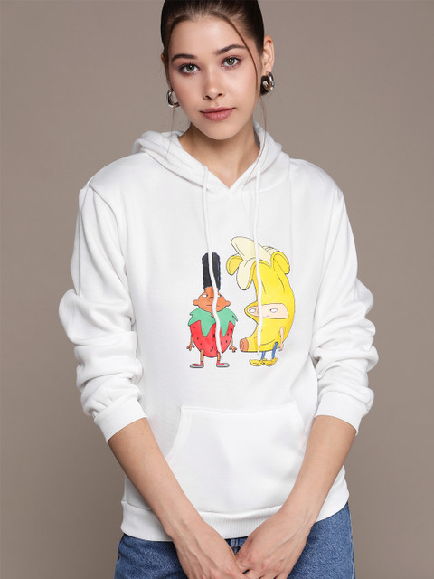 

URBANIC Women White & Yellow Printed Hooded Sweatshirt
