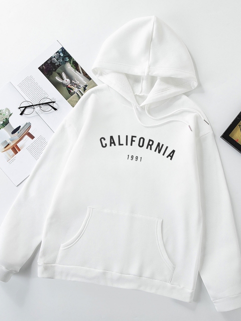

URBANIC Women White & Black Typography Print Relaxed Fit Hooded Sweatshirt