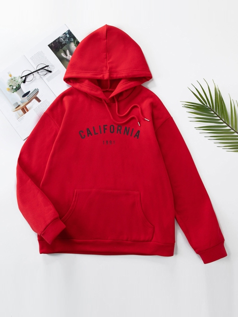 

URBANIC Women Red & Black Typography Print Relaxed Fit Hooded Sweatshirt