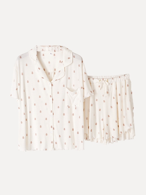 

URBANIC Women Off-White & Brown Conversational Print Shorts Set