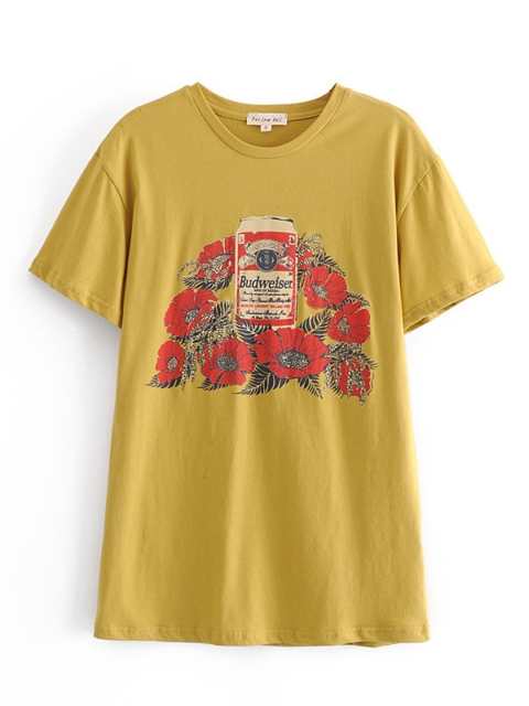 

URBANIC Women Mustard Yellow & Red Floral Print Cotton T-shirt