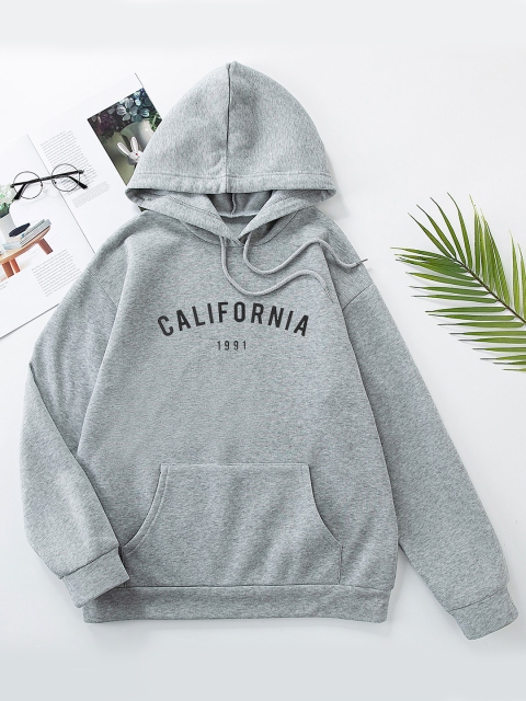 

URBANIC Women Grey Melange Printed Hooded Sweatshirt
