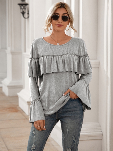 

URBANIC Grey Melange Solid Layered Bell Sleeves Top