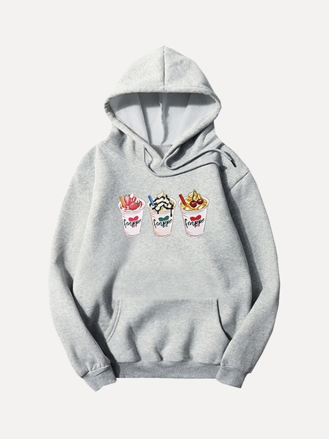 

URBANIC Women Grey Melange Printed Hooded Sweatshirt