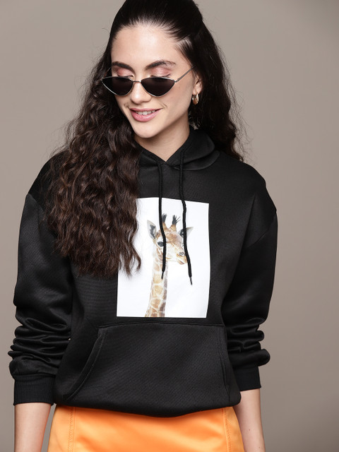 

URBANIC Women Black & White Printed Hooded Sweatshirt