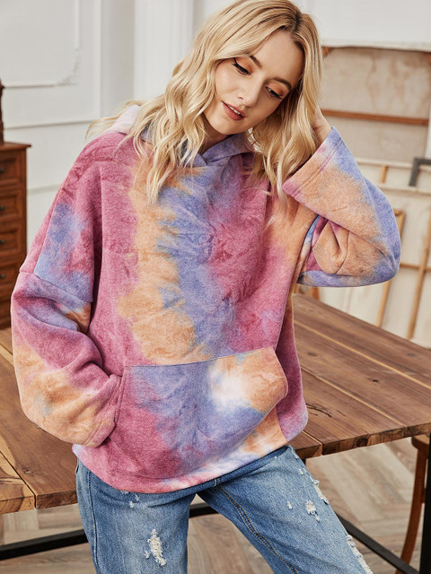 

URBANIC Women Dusty Pink & Blue Dyed Hooded Sweatshirt