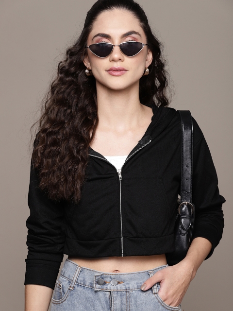 

URBANIC Women Black Solid Hooded Sweatshirt