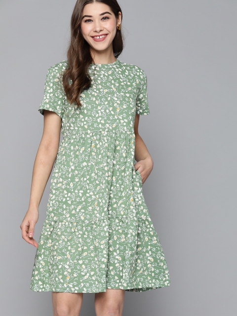 

Mast & Harbour Green & Off White Pure Cotton Floral Print A-Line Dress