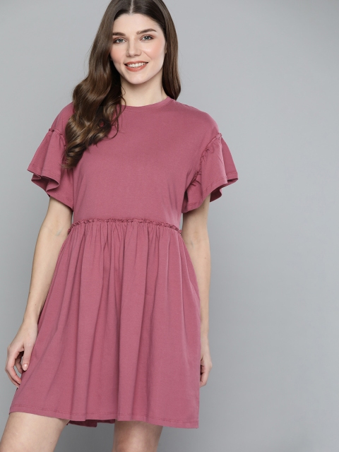

Mast & Harbour Pink Solid Pure Cotton A-Line Dress with Flutter Sleeves