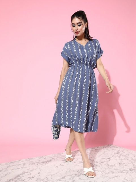 

Mast & Harbour Women Stunning Blue Floral Cinched Waist Dress